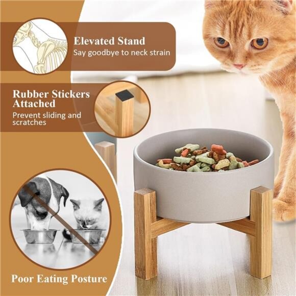 Elevated Ceramic Cat Bowl - Cat Food Bowl with Bamboo Stand - Raised Dog Dish - Picture 3 of 7
